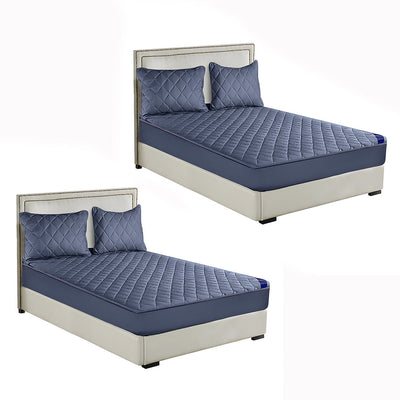 NNEAGS 2X Blue 153cm Wide Cross-Hatch Mattress Cover Thick Quilted Stretchable Bed Spread Sheet Protector with Pillow Covers