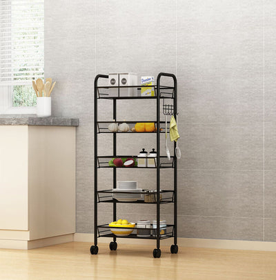 NNEAGS 5 Tier Steel Black Bee Mesh Kitchen Cart Multi-Functional Shelves Portable Storage Organizer with Wheels