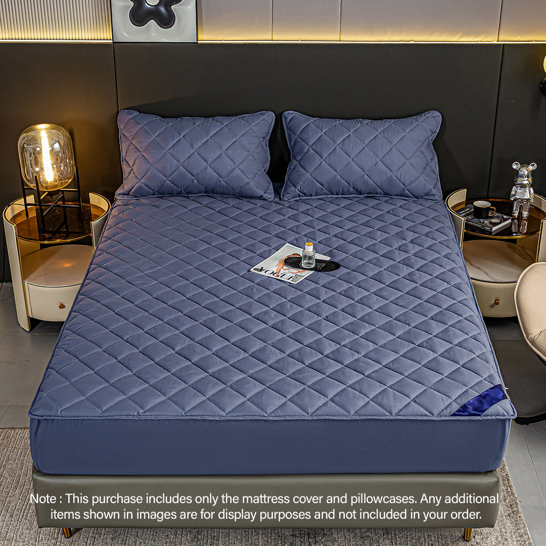 NNEAGS 2X Blue 153cm Wide Cross-Hatch Mattress Cover Thick Quilted Stretchable Bed Spread Sheet Protector with Pillow Covers