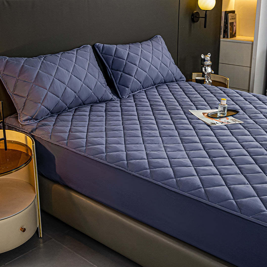 NNEAGS 2X Blue 153cm Wide Cross-Hatch Mattress Cover Thick Quilted Stretchable Bed Spread Sheet Protector with Pillow Covers