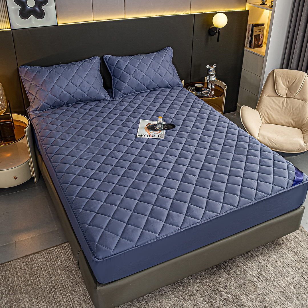 NNEAGS 2X Blue 153cm Wide Cross-Hatch Mattress Cover Thick Quilted Stretchable Bed Spread Sheet Protector with Pillow Covers