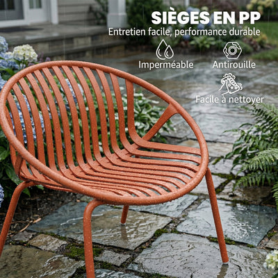 Salon de Jardin Ensemble Bistro 3 Pièces Table Basse à Plateau Concave Acier et Polypropylène 80x70x75cm Rouge Brique