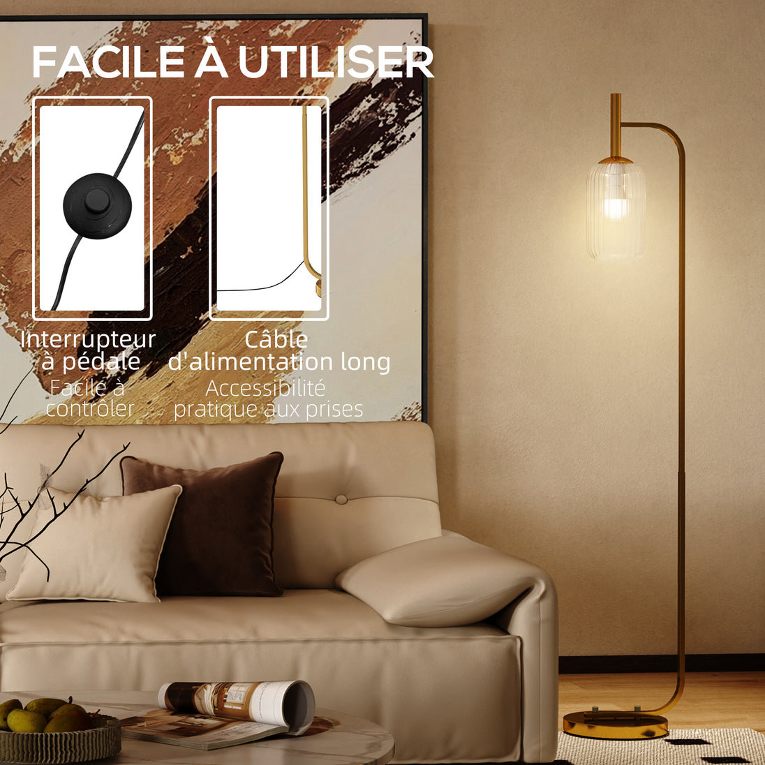 Lampadaire sur pied salon lampe sur pied avec abat-jour en verre texturé interrupteur à pied 29 x 25 x 152 cm métal or Aosom