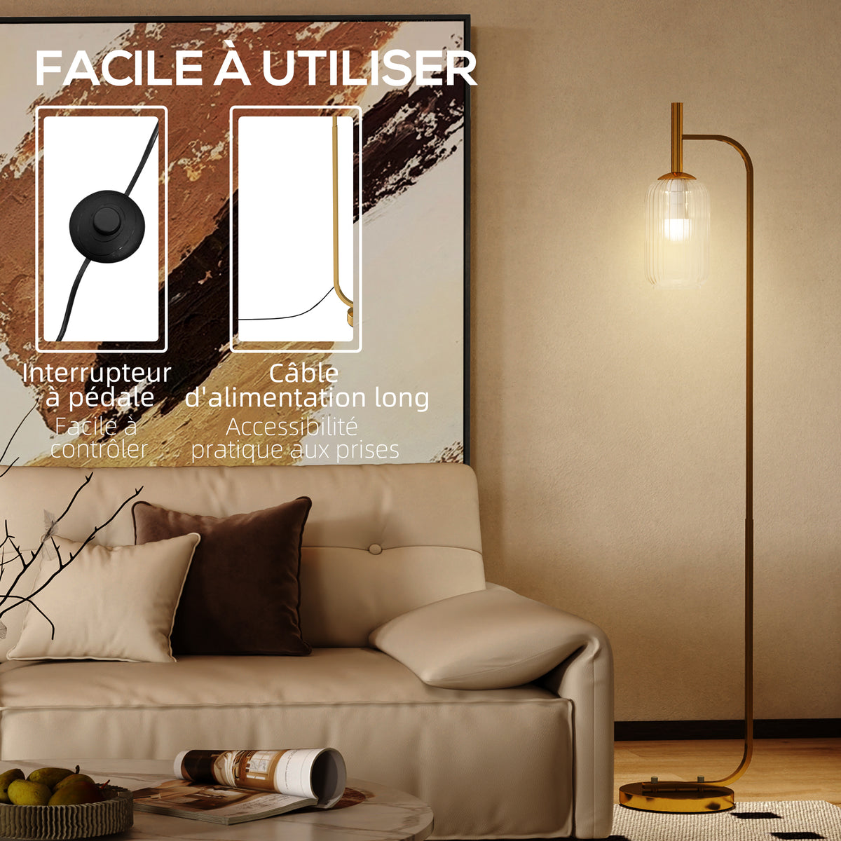 Lampadaire sur pied salon lampe sur pied avec abat-jour en verre texturé interrupteur à pied 29 x 25 x 152 cm métal or Aosom