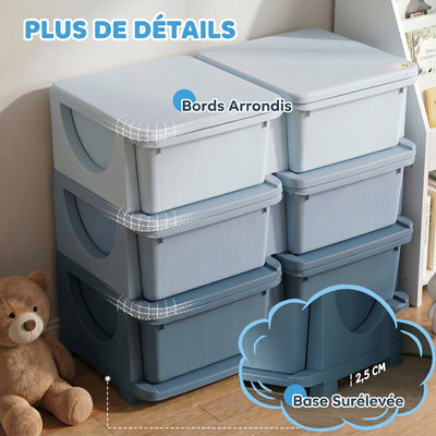 Organisateur de jouets pour enfants à 3 niveaux avec 6 tiroirs, boîtes de rangement en plastique, 75x37x56,5cm, bleu