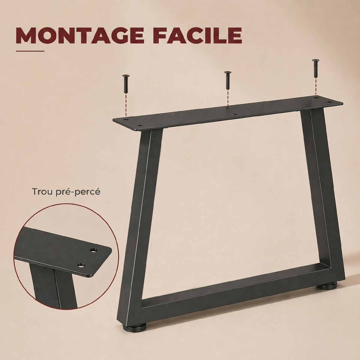 Pieds de table en acier, 60 x 43 cm, lot de 2 pieds de bureau trapezoïdes avec patins réglables et vis, noir