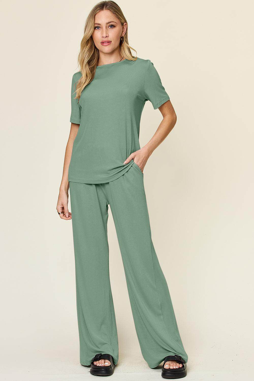Double Take Full Size Round Neck Short Sleeve T-Shirt Set