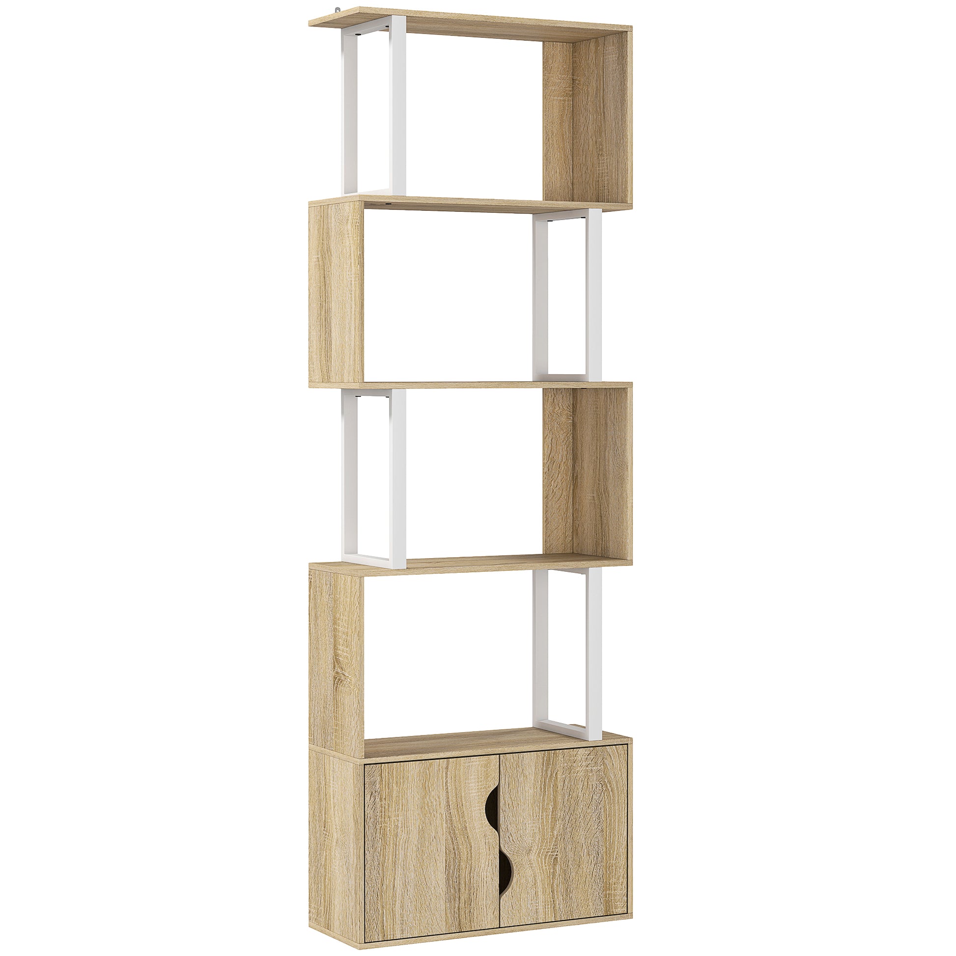 Bibliothèque à 5 niveaux, meuble de rangement avec étagères et placard double porte, 60 x 23,8 x 179,2 cm, bois naturel