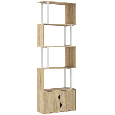 Bibliothèque à 5 niveaux, meuble de rangement avec étagères et placard double porte, 60 x 23,8 x 179,2 cm, bois naturel