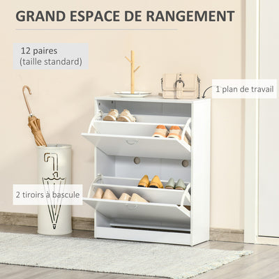 Armoire à Chaussures Meuble à Chaussures dim. 60L x 24l x 80H cm 2 Portes abattantes Blanc