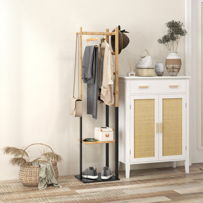 Portant pour vêtements en bambou, Porte-manteau en Bois avec tringle, étagères, patère, 4 barres latérales