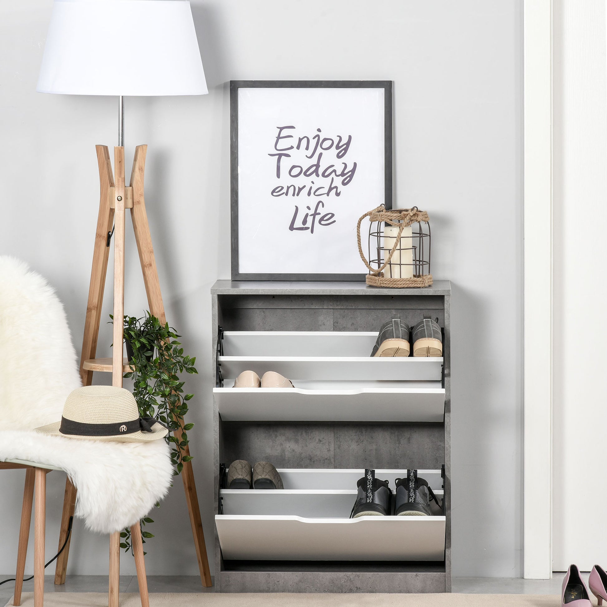 Meuble à chaussures meuble d'entrée placard de rangement, 2 portes abattantes, 62,5 x 26 x 81 cm, gris et blanc
