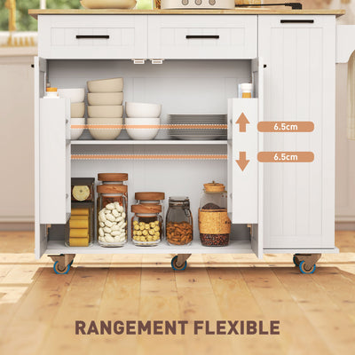 Îlot central cuisine mobile avec prise de courant et port USB, tablette à abattant, étagère réglable blanc