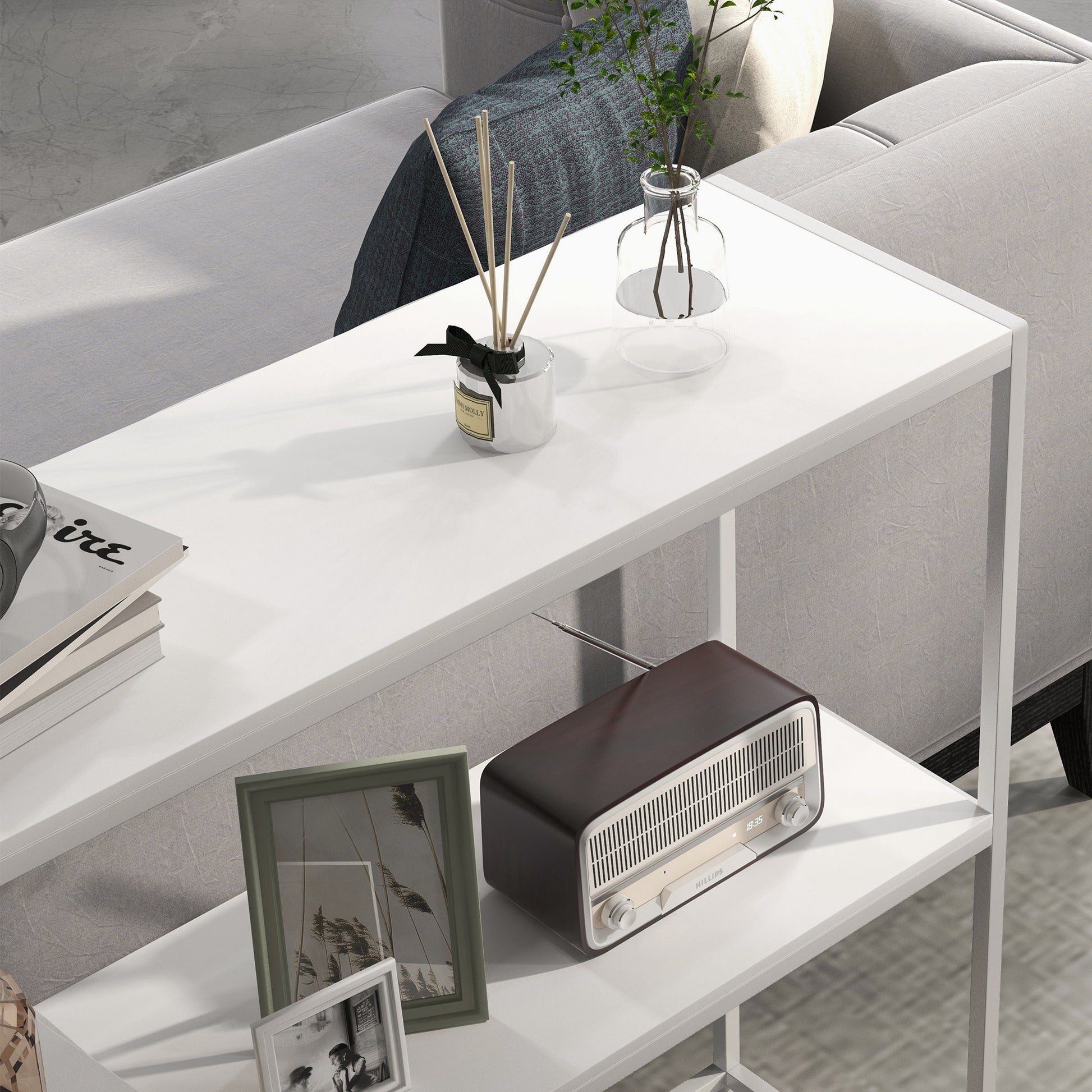 Table console en acier 2 étagères design moderne pour salon entrée couloir 100 x 30 x 87 cm blanc