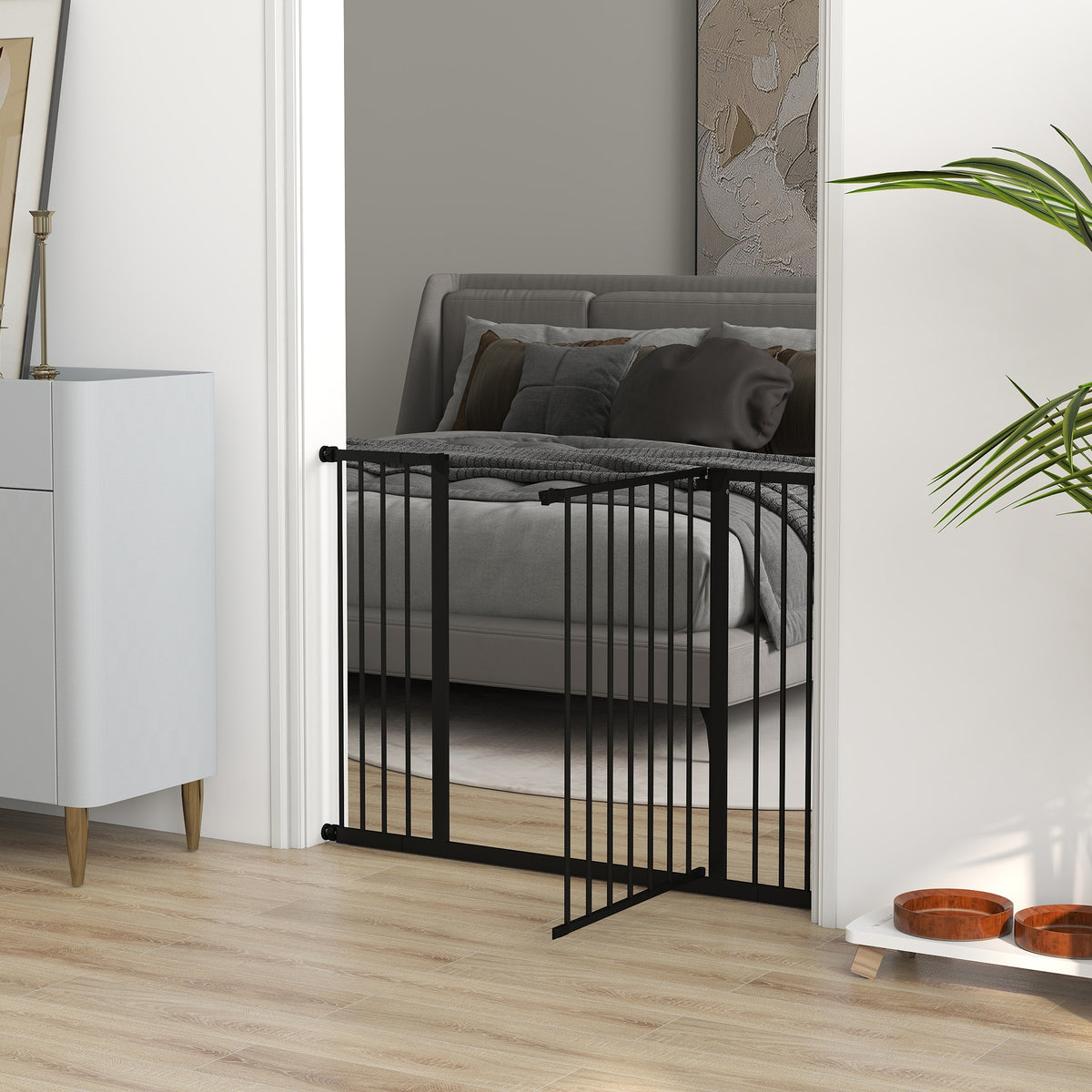 Barrière de Sécurité Chien Réglable 76-107 cm, avec 2 Rallonges (10/15 cm), Ouverture d'une Main, sans Perçage, Noir