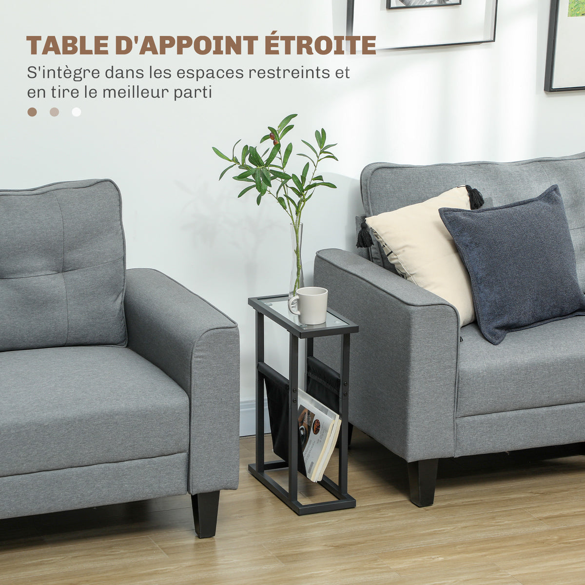 Table d'appoint étroite, bout de canapé en métal avec porte-revues et plateau en verre trempé, 40 x 18 x 55,5 cm, noir