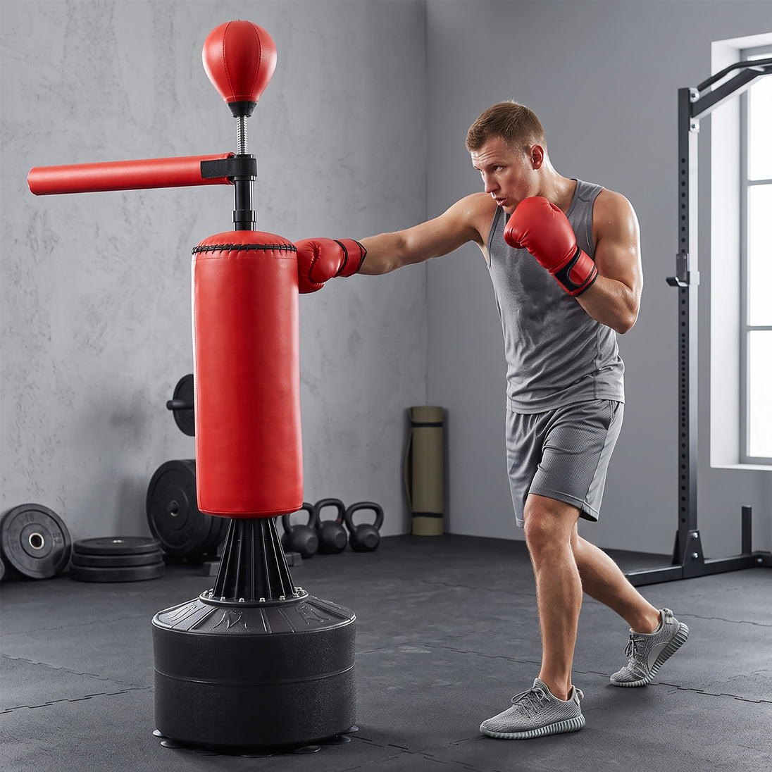 Sac de frappe sur pieds punching ball brunier 3 en 1 avec ballon de vitesse bras flexible rotatif hauteur réglable revêtement synthétique base HDPE dim. 88L x 48l x 155-205H cm noir rouge Aosom
