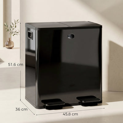 Poubelle de cuisine 2 compartiments de 2 x 20L, acier inoxydable, couvercle à fermeture douce, 45,8x36x51,6cm, noir
