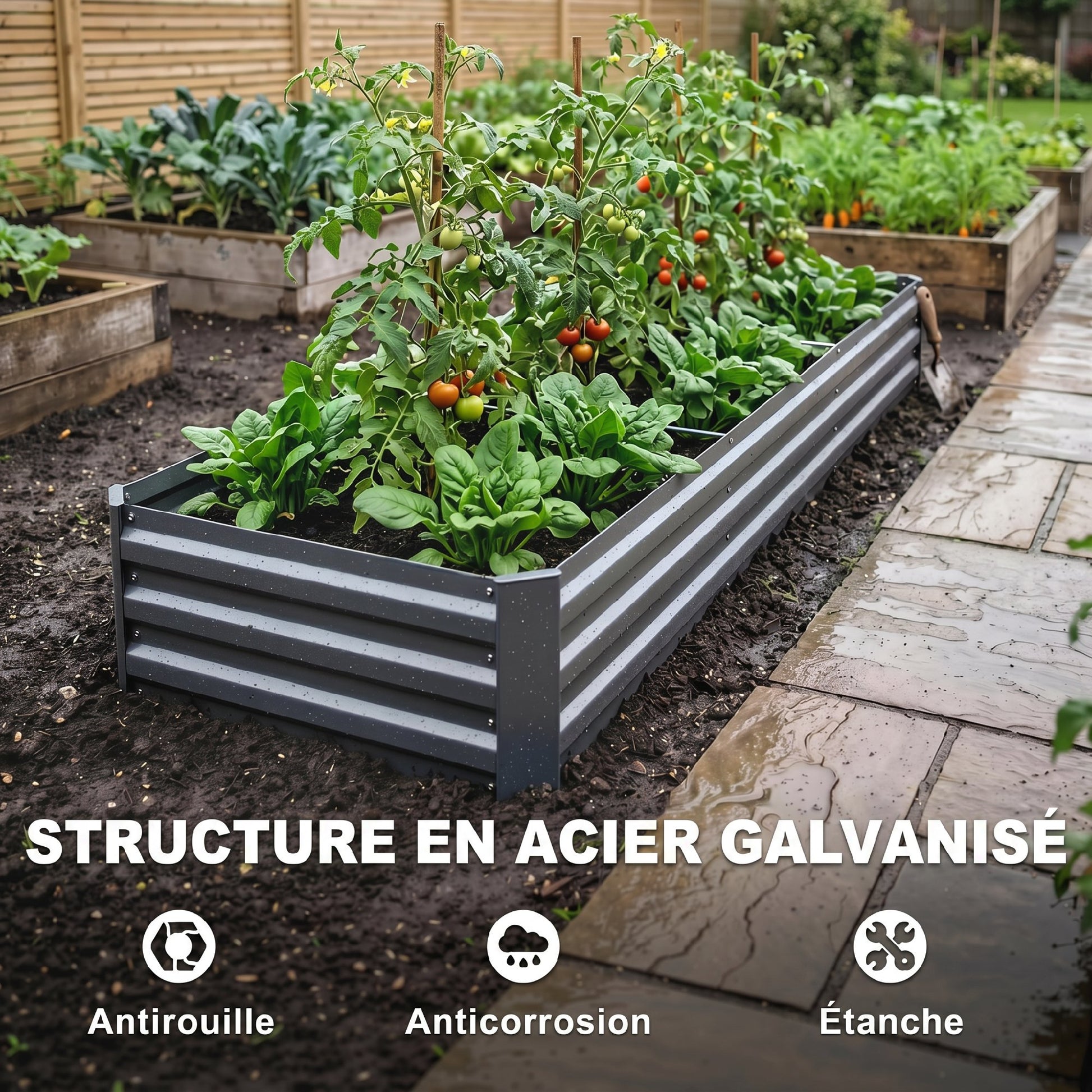 Carré potager rectangulaire, lit de jardin surélevé en acier galvanisé, fond ouvert, 240 x 60 x 30 cm, gris foncé