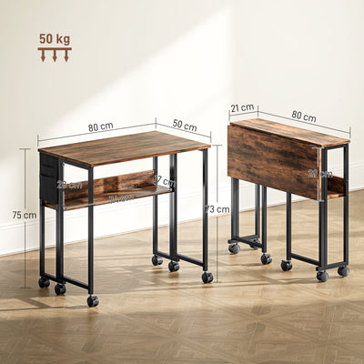 Bureau pliable sur roulettes 80 x 50 cm avec étagère et sac de rangement, brun rustique