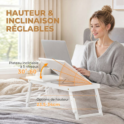 Table de lit pliable et réglable, plateau de lit pour ordinateur portable en bambou plateau inclinable 83,5x33x34cm blanc