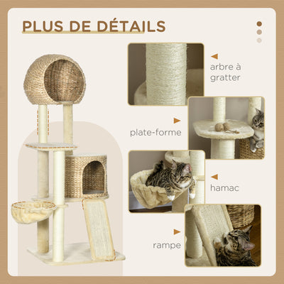Arbre à chats griffoir sisal naturel 2 niches plateforme hamac peluche jacinthe d'eau - 60 x 60 x 150 cm beige