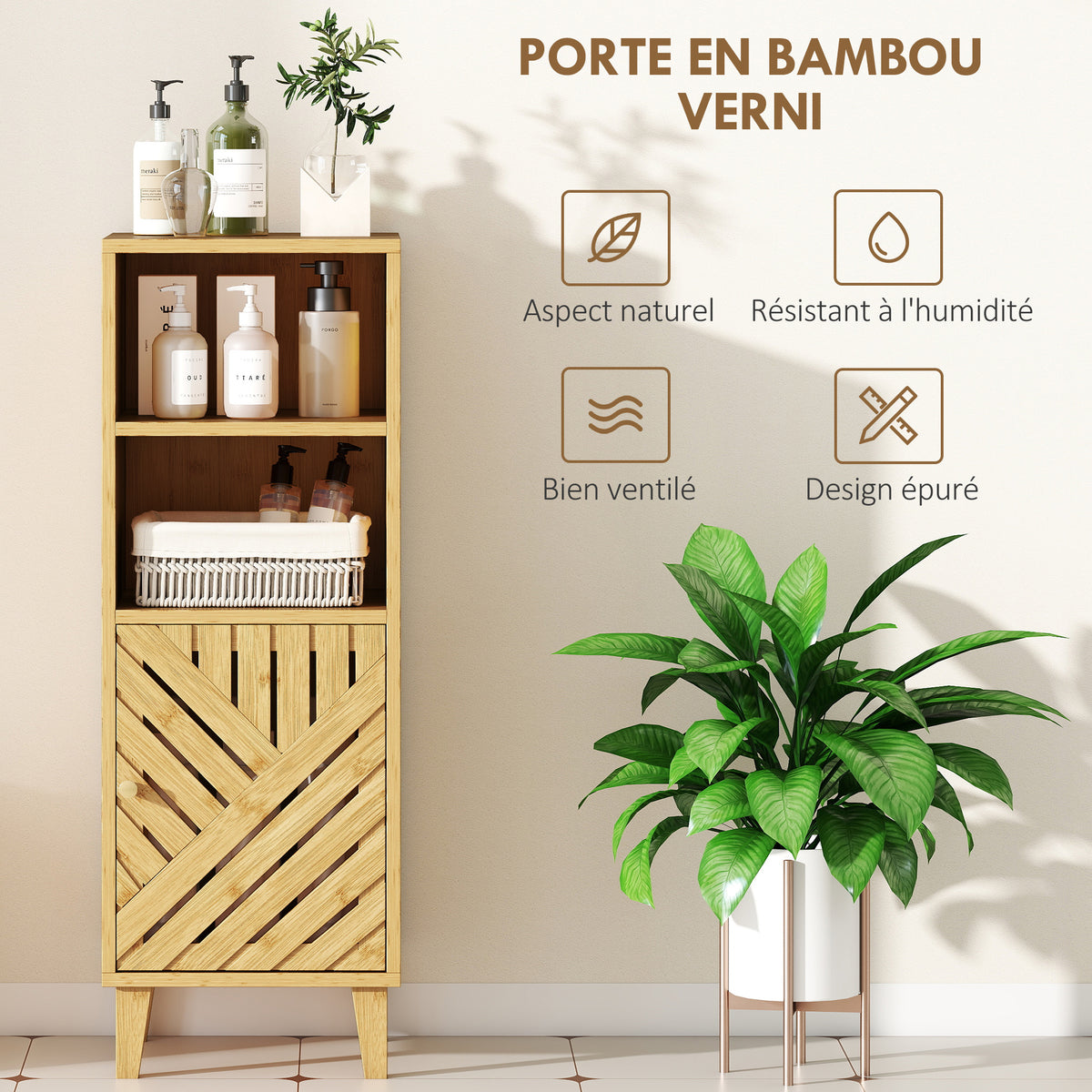 Meuble de salle de bain, meuble de rangement avec 1 placard, 2 compartiment ouvert, 32 x 30 x 90 cm, effet bois naturel