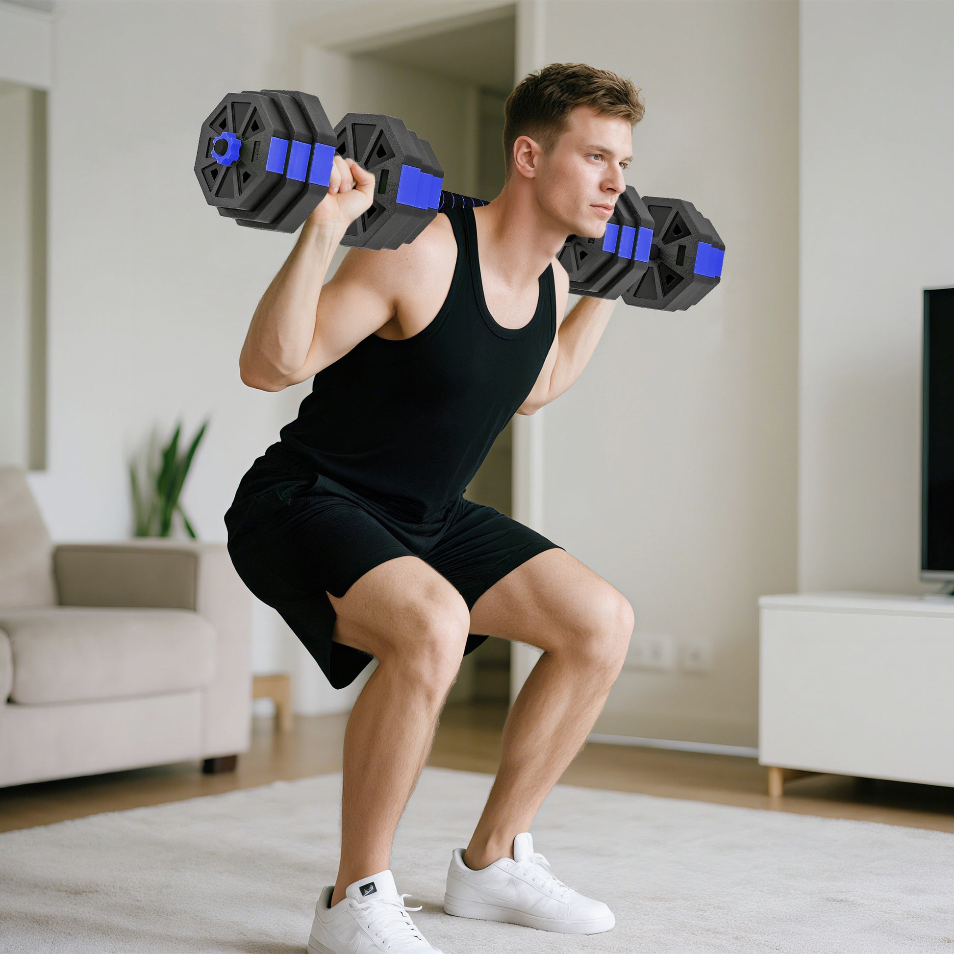 Ensemble d'haltères musculation 6-en-1 haltère réglable 25 kg kettlebell, barre de musculation support pour pompes bleu