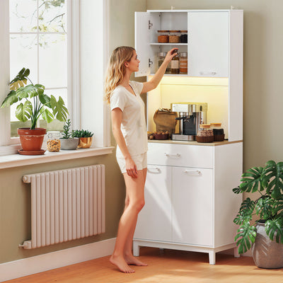 Buffet haut cuisine avec LED et station de charge, armoire de cuisine avec 4 portes, tiroir et plan de travail, blanc