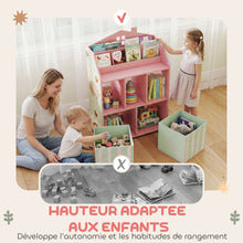 Meuble rangement enfant, bibliothèque enfants avec étagères ouvertes et 2 tiroirs en tissu, MDF, rose