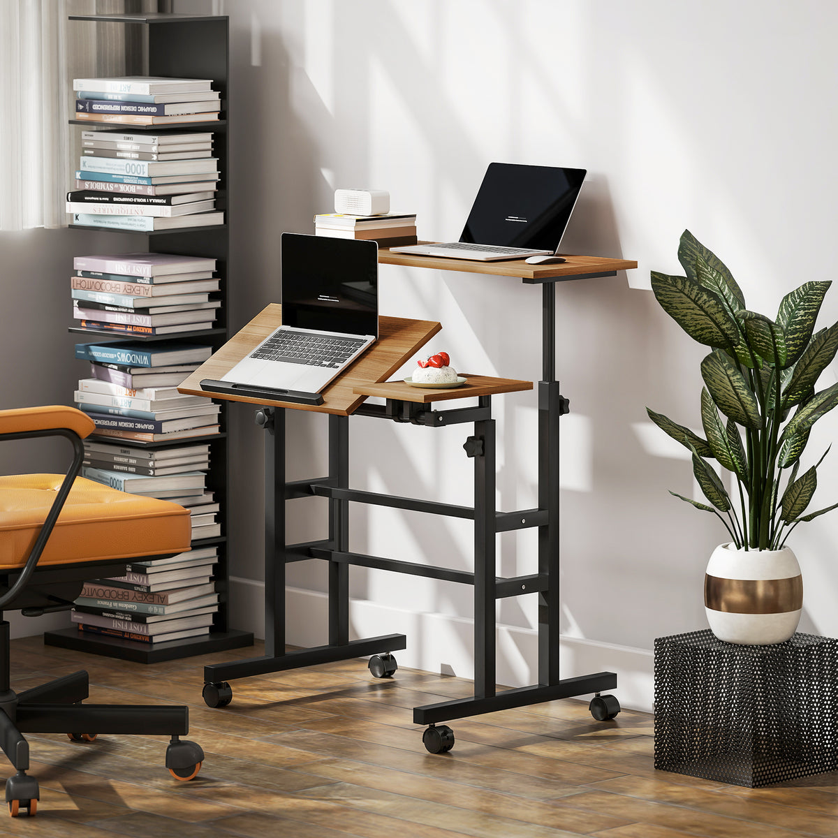 Bureau assis debout bureau réglable en hauteur 70 x 60 cm à roulettes avec plateau inclinable cadre en métal marron