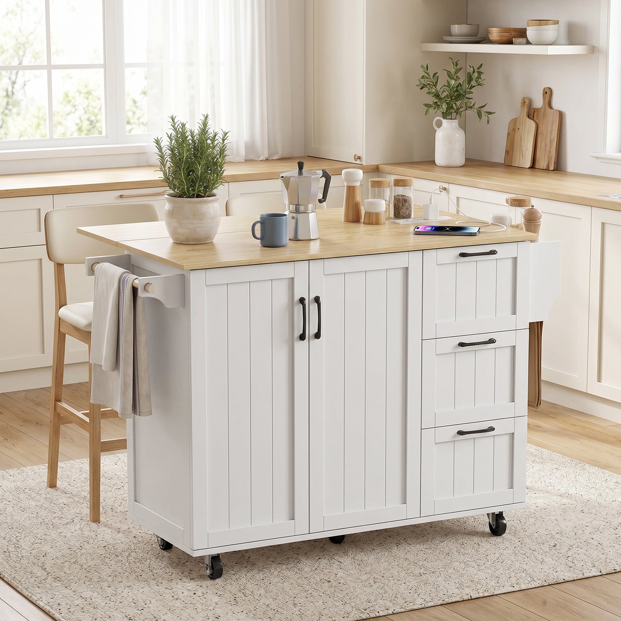 Îlot Central Cuisine avec Plateau Rabattable 2 Prises et 2 Ports USB Desserte de Cuisine sur Roulettes 3 Tiroirs Blanc