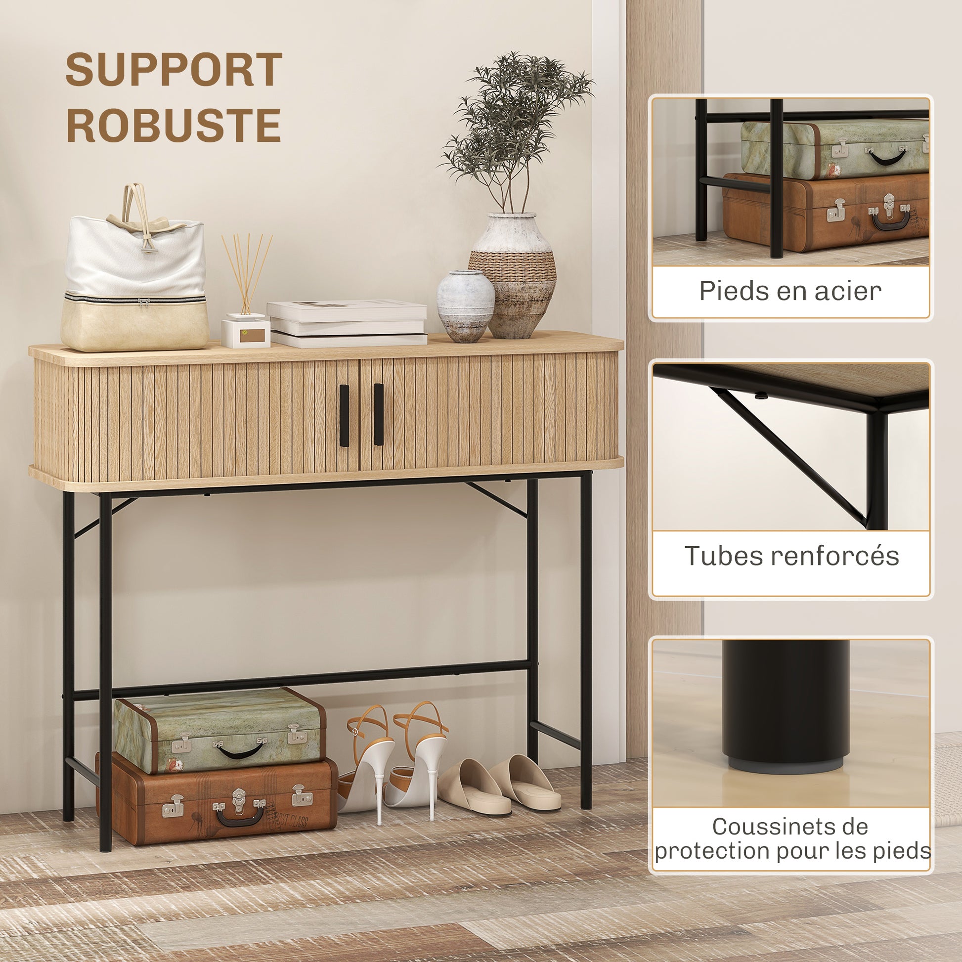Console meuble, table console avec portes coulissantes à lattes et pieds en acier, pour salon, chêne et noir