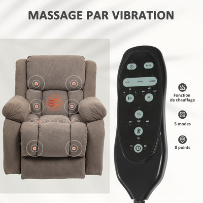 Fauteuil releveur électrique massage et chauffage avec repose-pied, dossier inclinable, télécommande et poche latérale