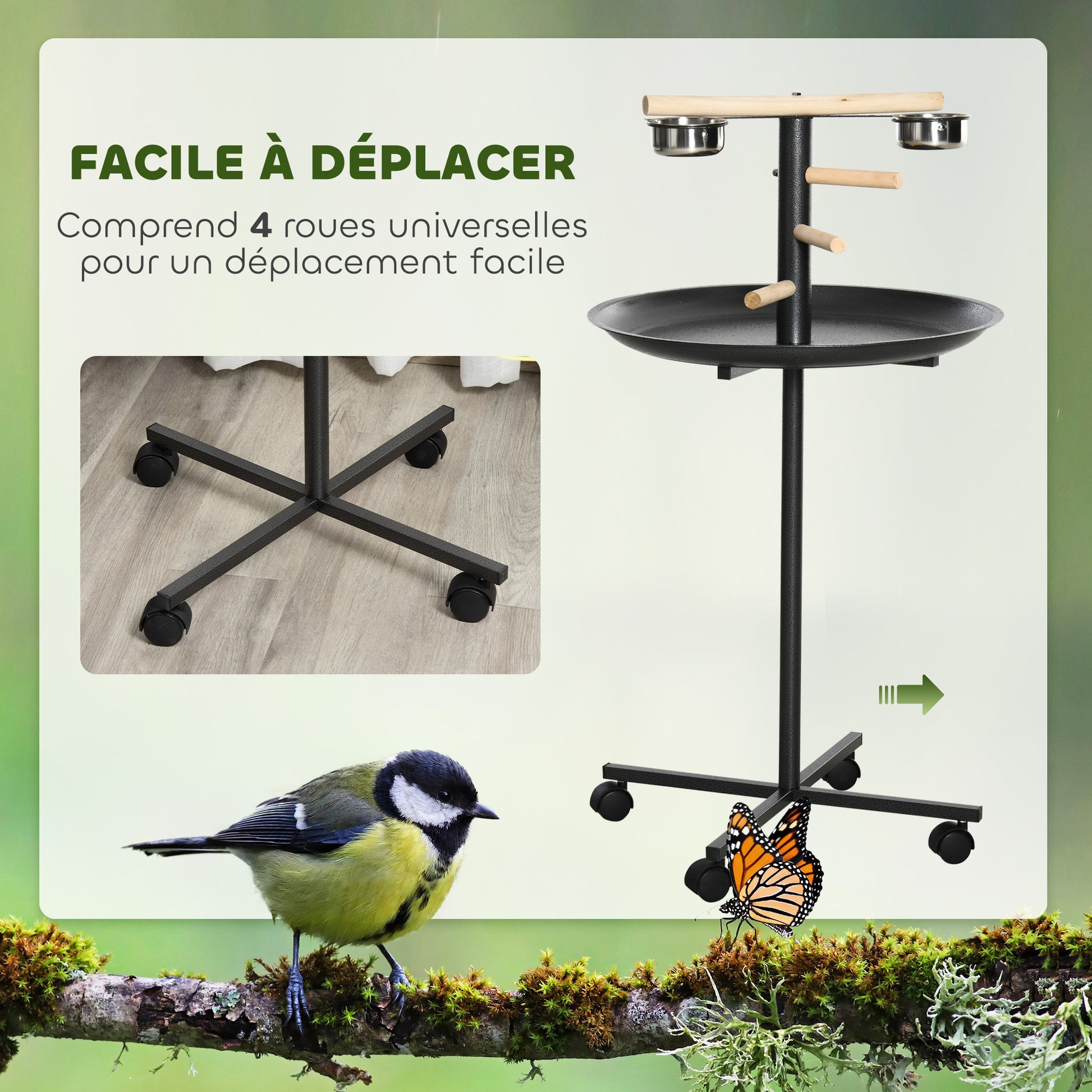 Perchoir perroquet mangeoire à oiseaux sur pied 4 roulettes, 2 mangeoires en acier inoxydable, Ø 60 x 111 cm, gris
