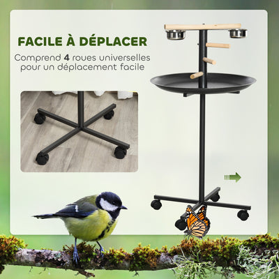 Perchoir perroquet mangeoire à oiseaux sur pied 4 roulettes, 2 mangeoires en acier inoxydable, Ø 60 x 111 cm, gris