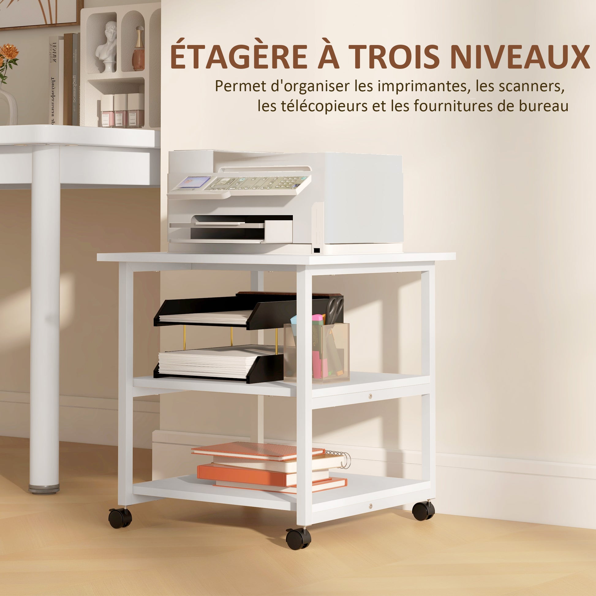 Support d'imprimante desserte de rangement 3 niveaux étagères mobile sur roulettes 50L x 50l x 52,5H cm