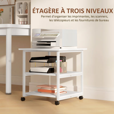 Support d'imprimante desserte de rangement 3 niveaux étagères mobile sur roulettes 50L x 50l x 52,5H cm