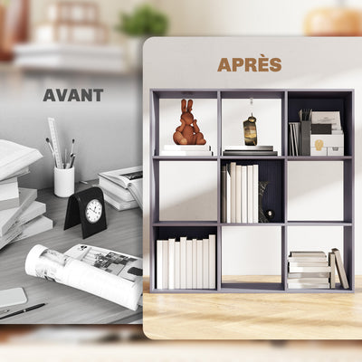 Bibliothèque, étagère de rangement à 3 niveaux avec 9 compartiments, pour salon, bureau, chambre, 91x29,5x91cm, gris