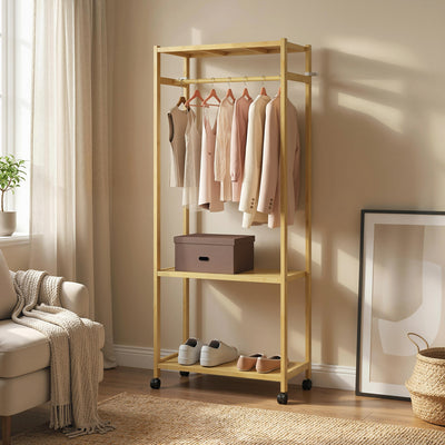 Portant à vêtements à roulettes, porte-manteau en bambou avec 2 étagères et tringle suspendue, 70x35x175cm, bois naturel