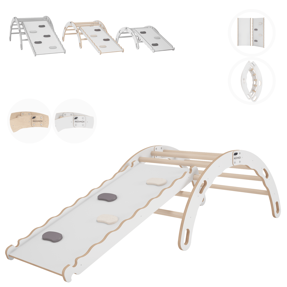 MAMOI® Arrampicata per bambini con scivolo in legno naturale, Dondolo triangolo, Altalena da casa interno, Parete arco montessori a partire da 1 anno 2/3 anni