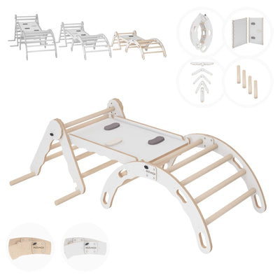 MAMOI® Zestaw: trójkąt wspinaczkowy + bujak + zjeżdżalnia dla dzieci | Rama wspinaczkowa i zjeżdżalnia dziecięca minimalistyczny design | Trójkąt wspinaczkowy dla małych dzieci ze zjeżdżalnią Yarnwood 100% ECO | Wyprodukowano w UE