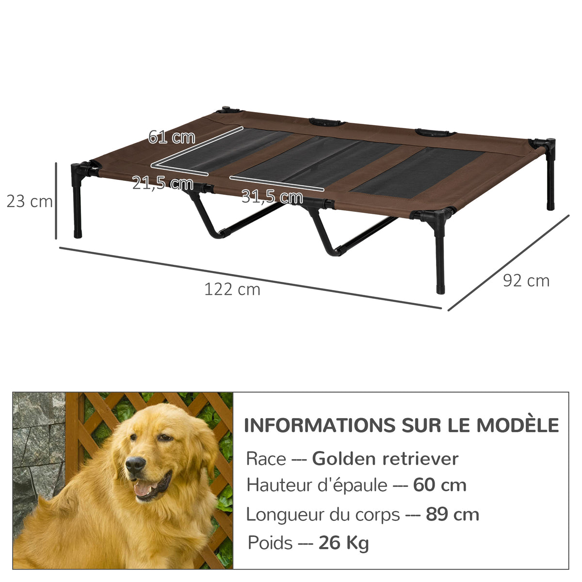 Lit sur pieds XXL pour chien chat lit de camp animal 122L x 92l x 23H cm marron clair