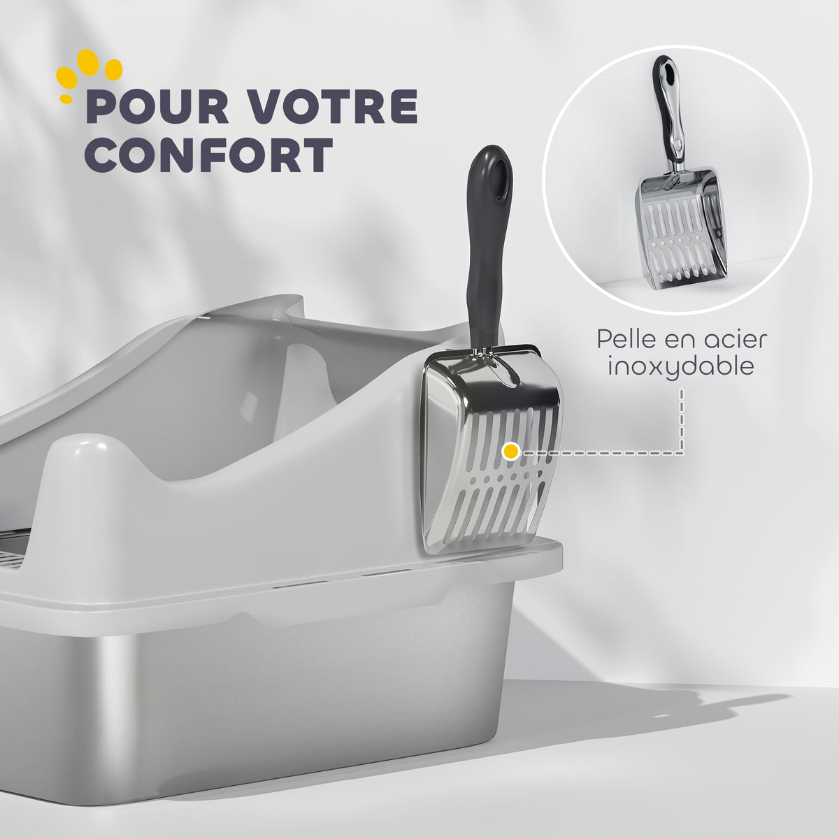 Bac à litière en acier inoxydable, maison de toilette pour chat, bords hauts, nettoyage facile, 43,1x33,2x25,4cm, gris