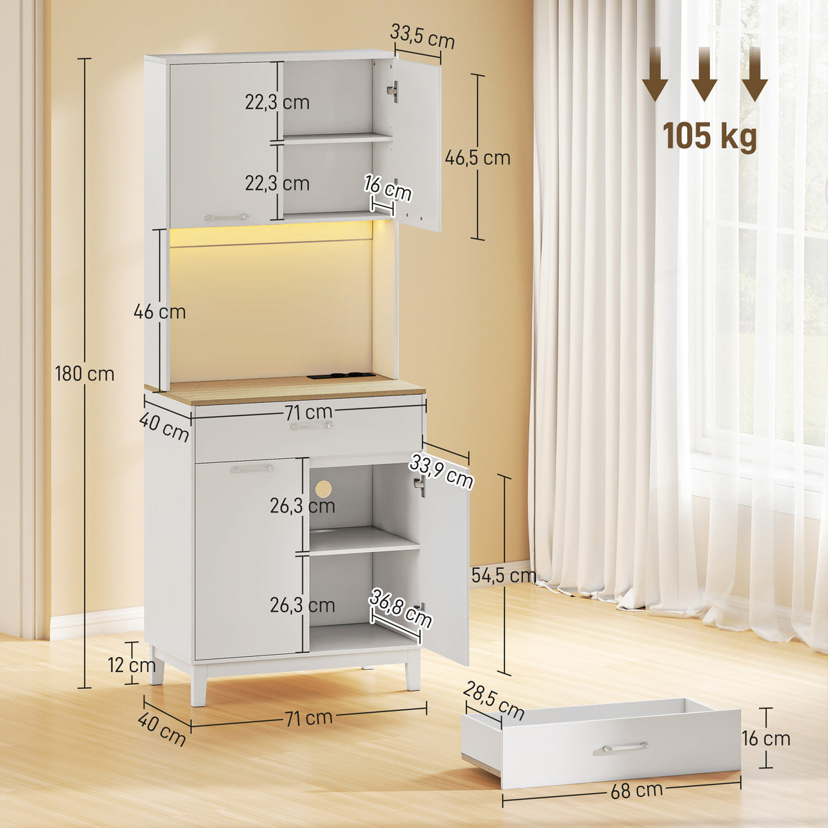 Buffet haut cuisine avec LED et station de charge, armoire de cuisine avec 4 portes, tiroir et plan de travail, blanc