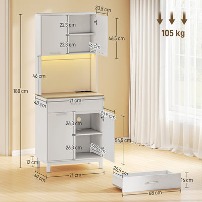 Buffet haut cuisine avec LED et station de charge, armoire de cuisine avec 4 portes, tiroir et plan de travail, blanc