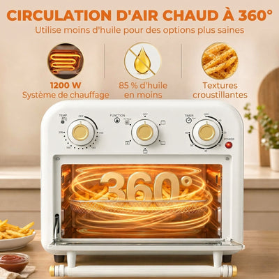 Four Friteuse à Air Chaud 12L, Four à Air Chaud Convection 1200 W avec Plaque de Cuisson, Panier de Friture, Crème