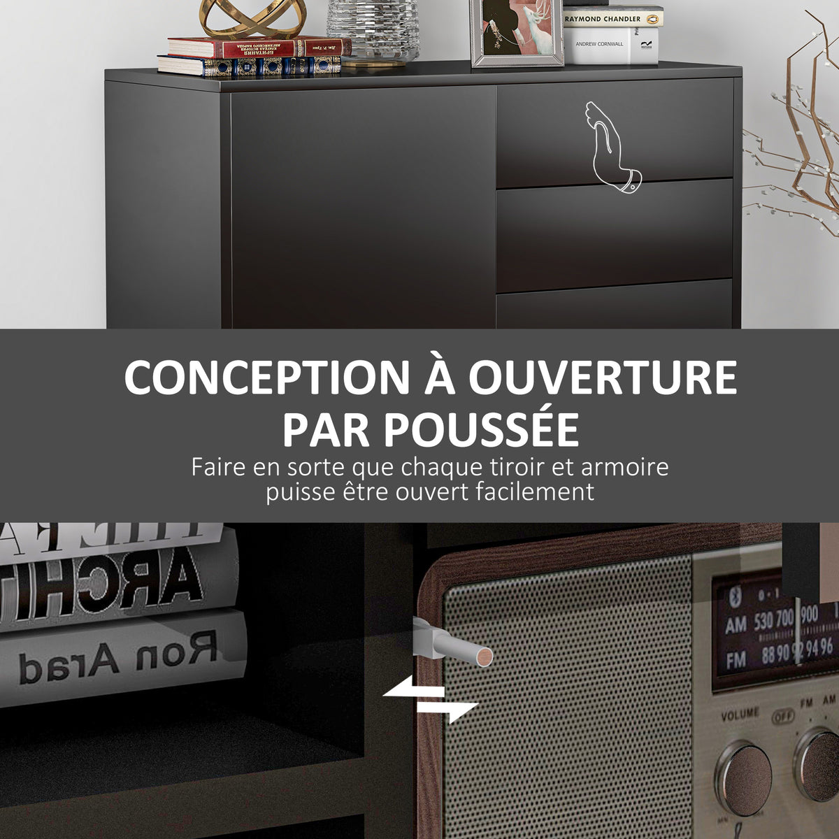 Commode Buffet Meuble de Rangement 2 tiroirs 2 Portes avec étagère 79 x 36 x 74 cm noir brillant