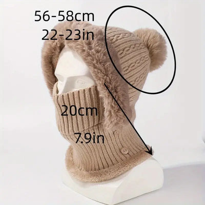 Anime-Inspired Winter Ear Protection Beanie Hat Scarf Combo - Khaki