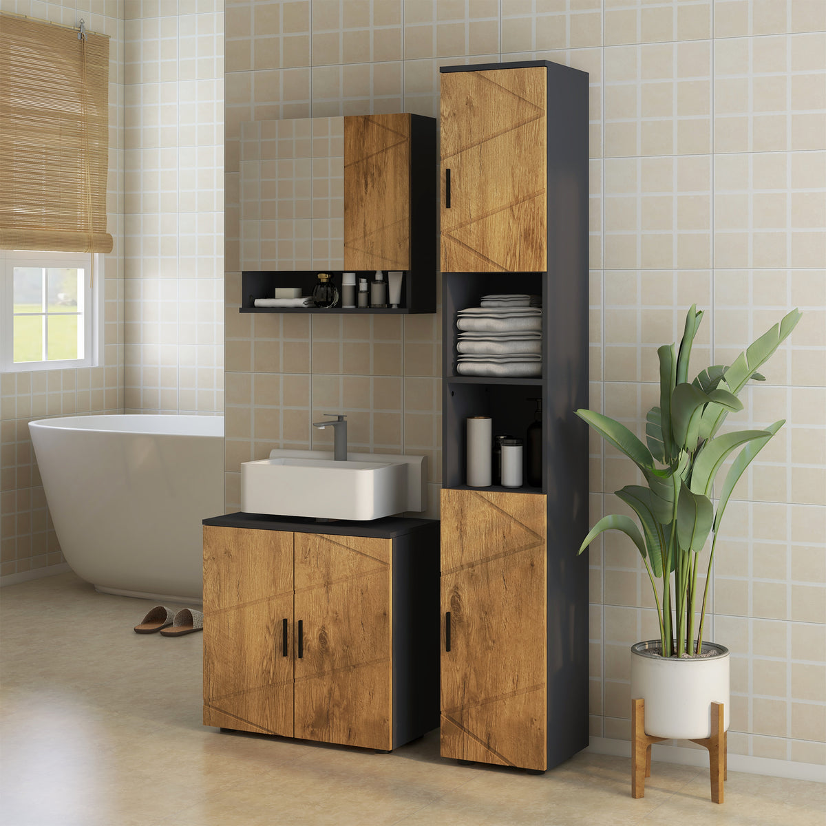 Armoire murale miroir de salle de bain placard de rangement 2 portes 55 x 17 x 55 cm naturel gris foncé
